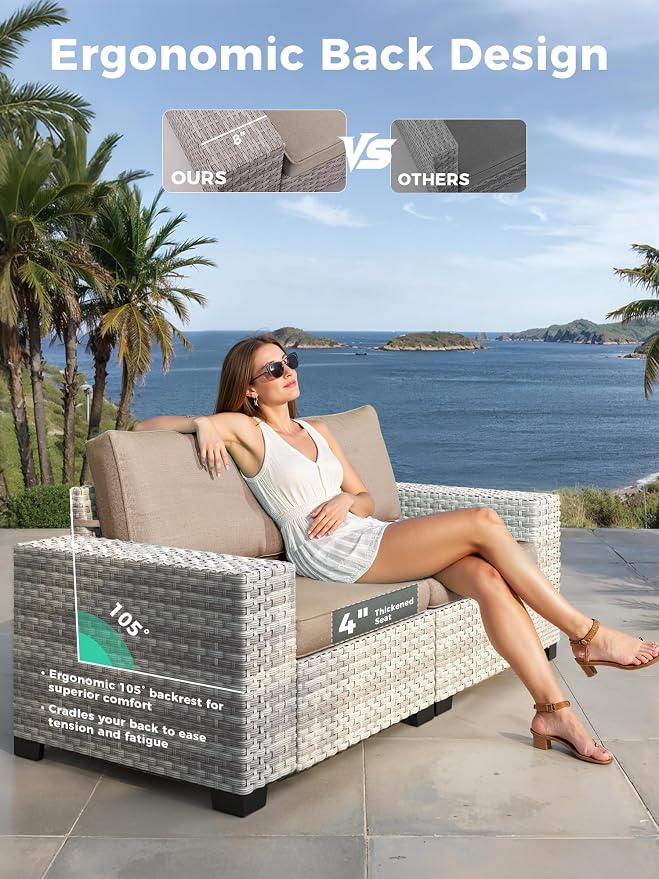 13 Piece Outdoor Wicker Sectional Sofa Set with Swivel Chairs & Fire Pit Table, 9-Seats with 4" Thickened Cushions & Coffee Table, All-Weather PE Rattan for Garden, Backyard, Porch, Beige