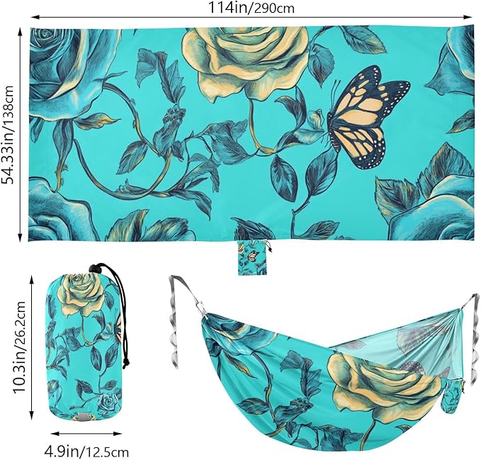 Cute Rose Flower Butterfly Turquoise 330lb Capacity Outdoor Hammock Hanging Hammock for Outside Patio Backyard Poolside sillas para acampar