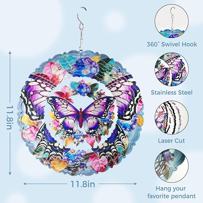 Butterfly Wind Spinners Outdoor, 12 Inch Laser-Cut Stainless Steel Metal Wind Spinners, 3D Kinetic Hanging Sculpture, Metal Yard Art, Garden Decor, Butterfly Gifts for Women, Men, Mom, Grandma