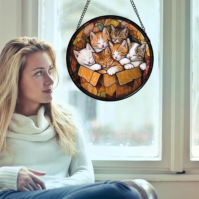 Stained Glass Window Hanging 6 Cute Kittens Large 11.8" - Cat Gift Suncatcher Door Sun Catcher Decor Birthday Christmas for Lost Pets Mom Men Woman Friend