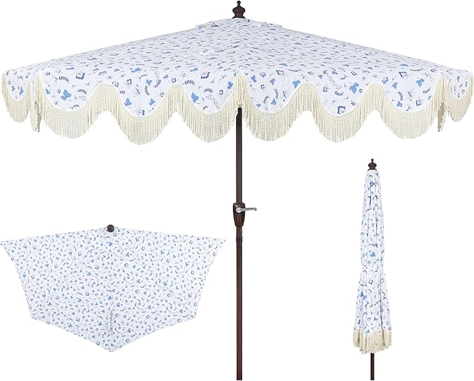 JONATHAN Y Beverly 9 ft. Coastal Blue and White Chinoiserie Half Patio Umbrella with Scalloped Fringe, Crank Lift, and Manual Tilt for Balcony, Dark Brown Pole UMB1201G