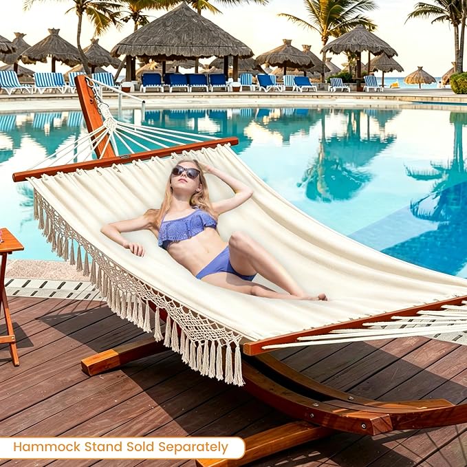 Lazy Daze Hammocks Cotton Fabric Double Hammock with 55" Spreader Bar, Portable Camping Hammock with Carrying Bag & Tree Straps for Patio, Backyard, Balcony, 450lbs Capacity, Beige