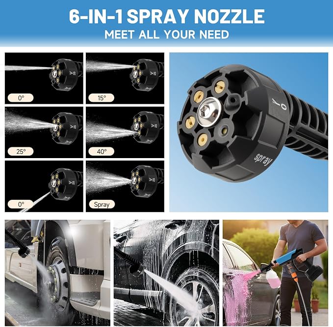 Cordless Car Cleaner Machine,Portable Cleaning Kit with 6-in-1 Nozzle,Foam Cannon,16.4FT Hose,Handheld Water Spray Gun for Wall, Fence, Floor, Yard, Garden Cleaning