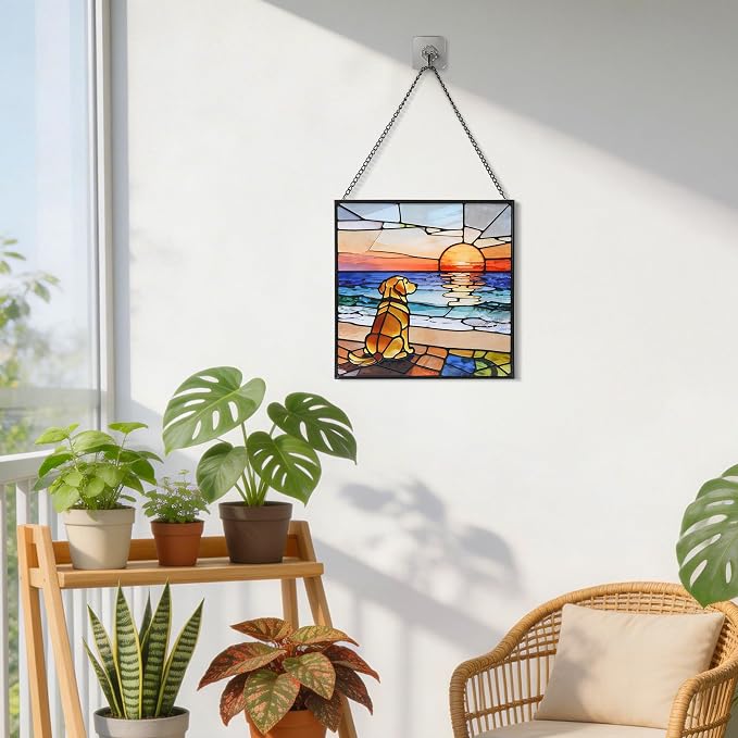 Stained Glass Window Hanging, 7.8 in Sun Catcher Glass Panel Boho Wall Art Decor with Chain Diamond Glass Panel Hangings Scenery Sun Catchers Decor for Birthday for Lover Couple Mom (Dog)
