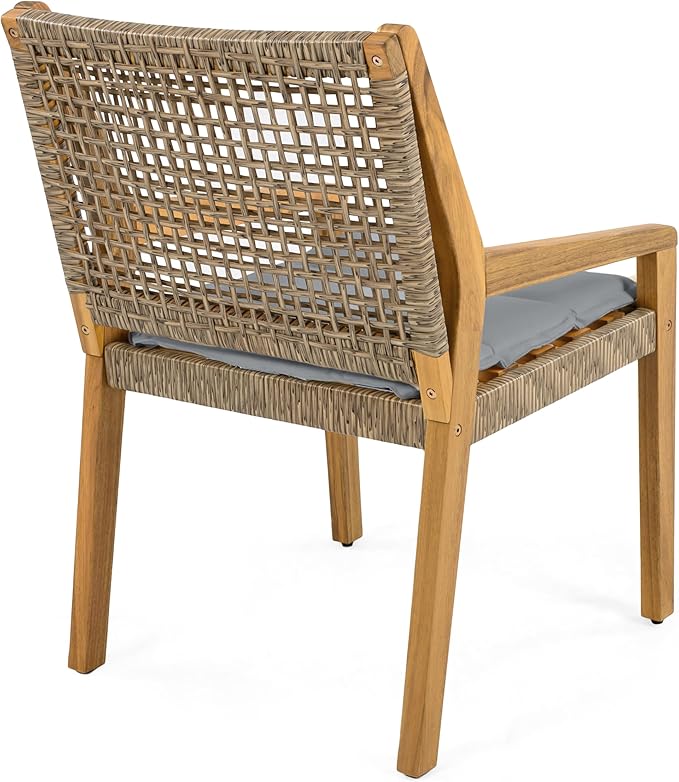 Christopher Knight Home Palin Wooden Patio Dining Set for 6, Acacia Wood Outdoor Dining Table Set for 6, 7 Piece Outdoor Dining Set with Rectangular Table and Armchair with Seat Cushion, Grey + Teak