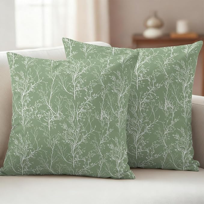 Sage Green Branches Waterproof Outdoor Pillow Covers Set of 2 Home Decor, Abstract Art Leaves Plant Pillowcase Patio Pillow Covers for Couch Bench Patio Furniture Garden 18x18in