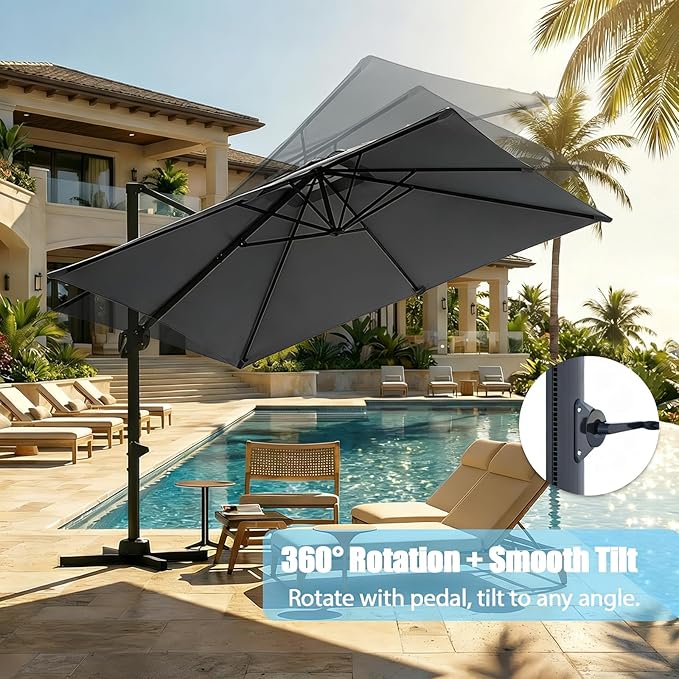 GarveeLife Large Cantilever Patio Umbrella, 10 ft X 10 ft Heavy Duty Aluminum Cantilever Offset Outdoor Umbrella with 360-Degree Rotation for Backyard, Deck, Pool (Grey)