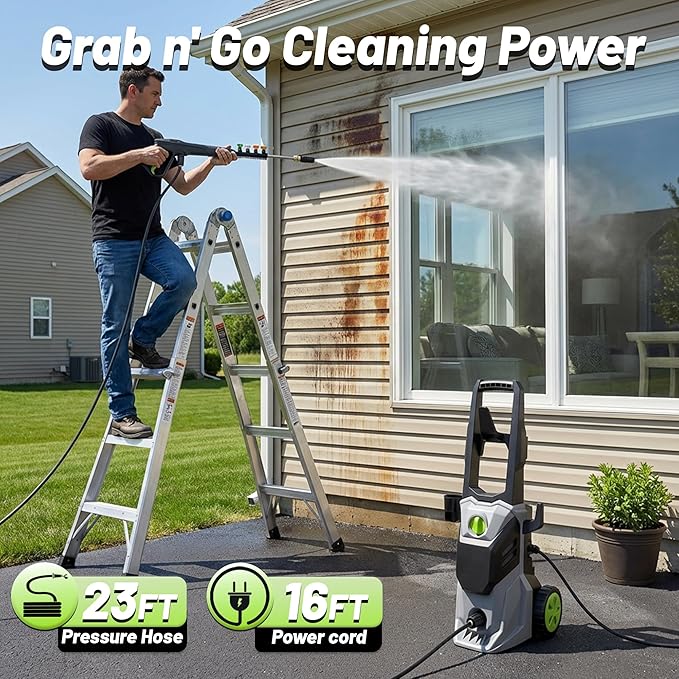 Car Washer, 23FT High-Elastic Hose with 4 Quick Connect Nozzles, Car Cleaning Tool,Washer Cleaning Machine for Cars, Fences, Patios, Decks, Patios and Driveway, Grey