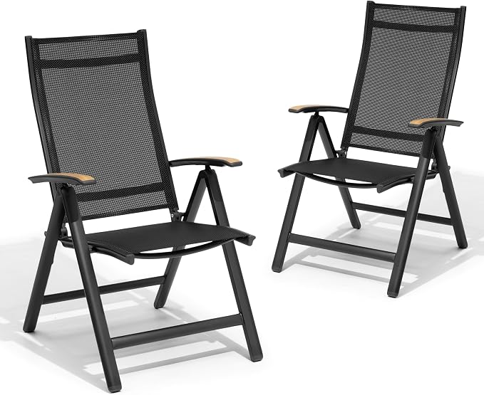 Pellebant 2 Pieces Aluminum Outdoor Dining Chair, Patio Foldable Adjustable Backrest Armchairs, Weather Resistant Outdoor Furniture Set for Deck, Porch & Backyard