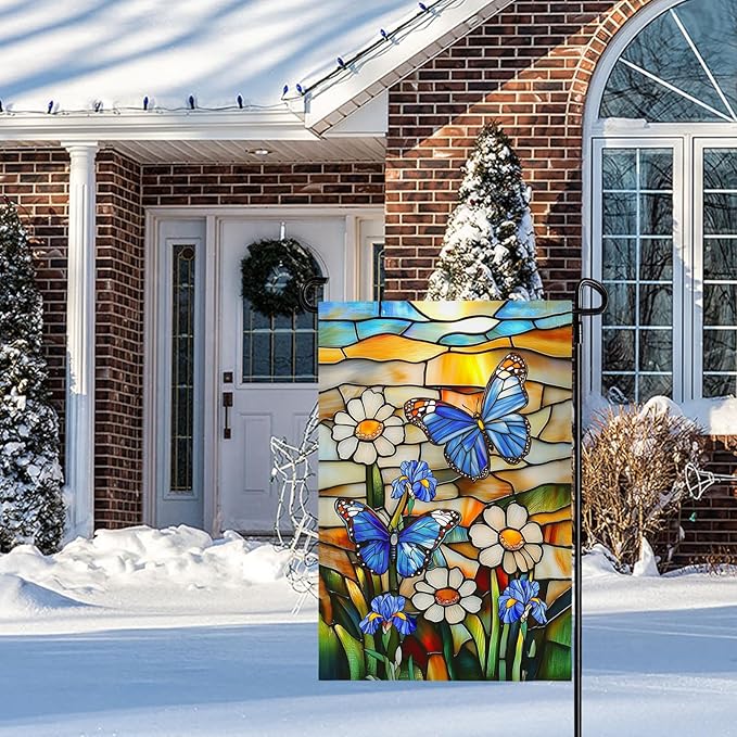 Summer Garden Flag 12x18 IN Double Sided Butterfly Flag for Garden Outside Stained Glass Style Flower Garden Flag for Holiday Summer Farmhouse Decor
