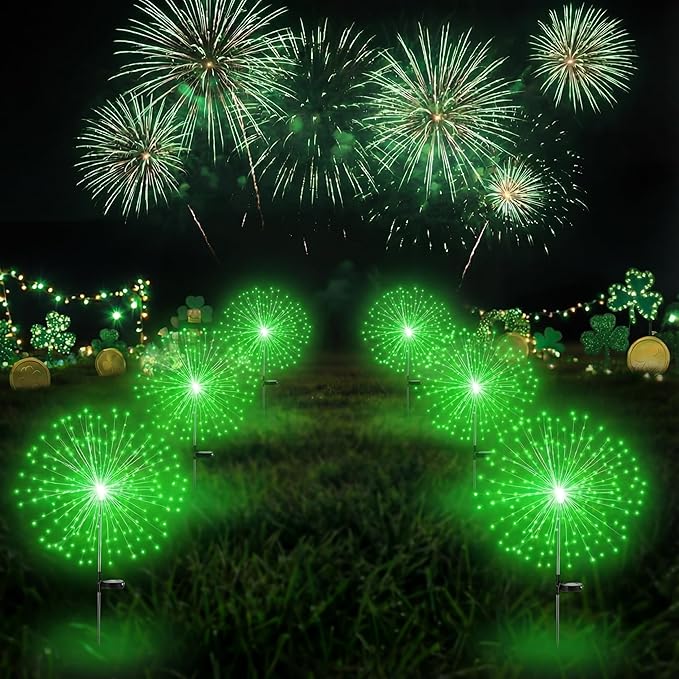 Tujoe 4 Pcs St Patricks Day Solar Lights Solar Firework Lights Decoration 180 LED 8 Modes Waterproof LED Stake Sparkler Decor for Irish Walkway Pathway Driveway Garden Patio Yard Lawn(Green)
