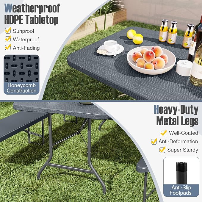 Goplus 6ft Plastic Folding Table, 350 LBS Indoor Outdoor Heavy Duty Portable Folding Tables with HDPE Tabletop, Handle, Lock, Foldable Rectangle Utility Card Table for Picnic, Party, Camping, Dining