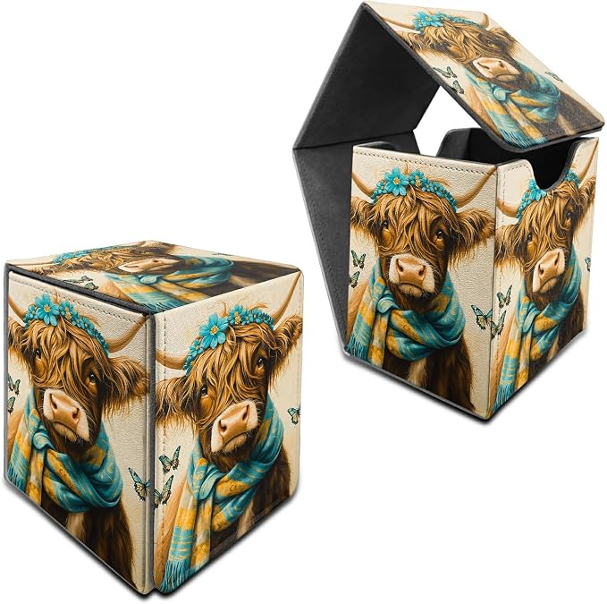Blue Towel Cow Card Deck Box for MTG, Personalized Card Storage Case Fits 120+ Sleeved Cards, Premium Leather TCG Box with Strong Magnetic Closure for Magic, CCG, PTCG, Baseball Cards