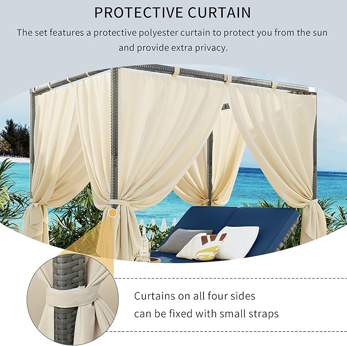 KEVINSPACE Outdoor Daybed with Curtain Canopy Bed Patio Furniture Adjustable Sunbed Set All-Weather Rattan Sun Lounger Patio Wicker Sofa Set Patio Conversation Set Curtains for Garden Yard Blue