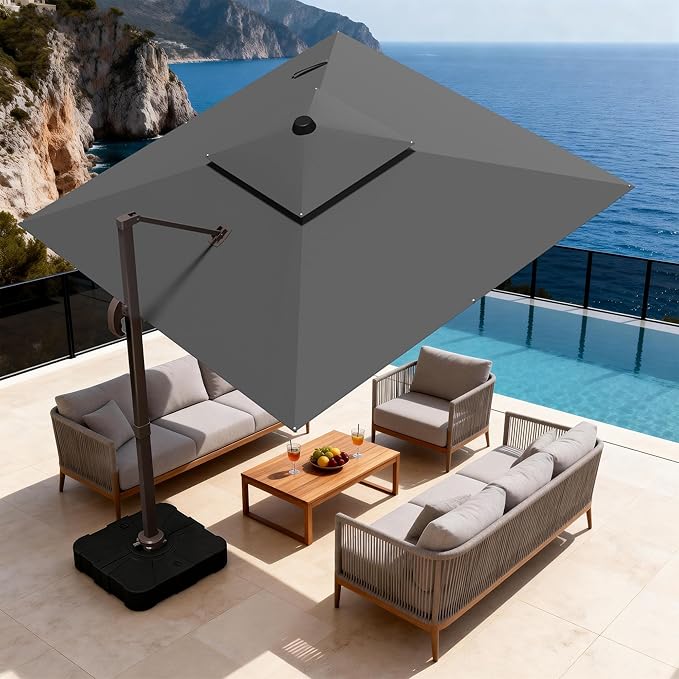 10x10Ft Patio Umbrella Outdoor Cantilever Rectangle Umbrella, 6-Level Tilt & 360° Rotation Offset Umbrella for Garden, Deck, Pool(Grey)