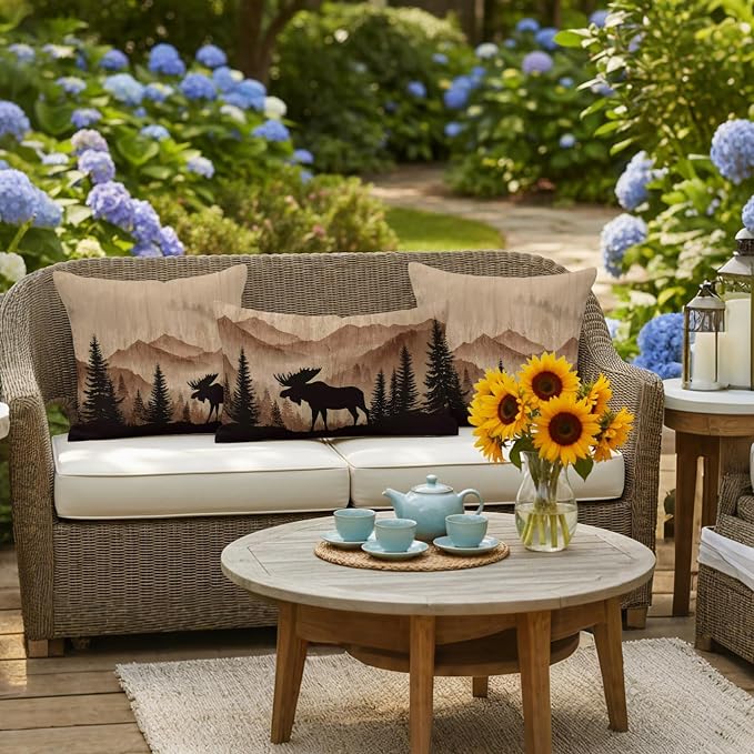 Moose Silhouette Outdoor Pillow Covers 24"x24" Set of 2, Nature Mountain Landscape Waterproof Throw Pillow Covers for Patio Furniture, Decorative Cushion Covers for Porch