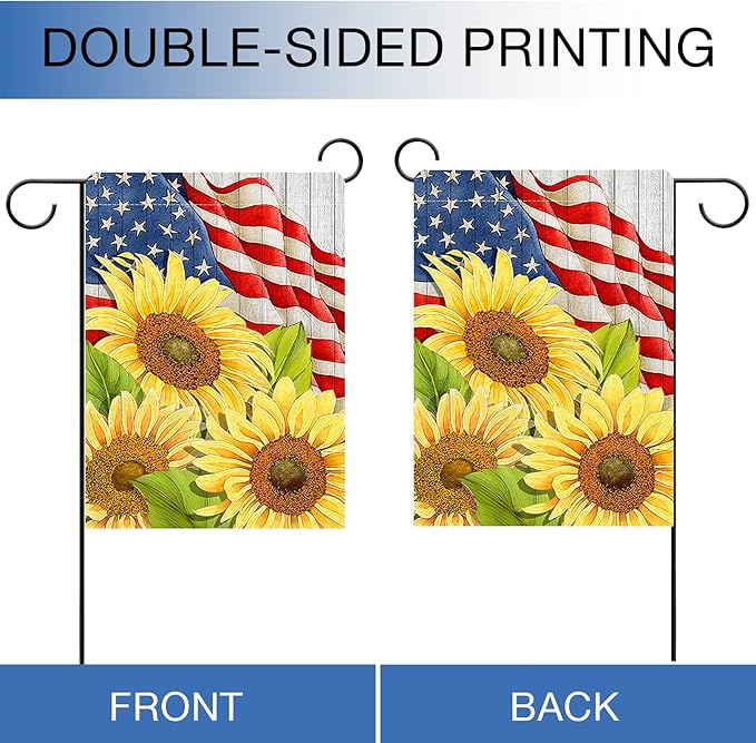 Hzppyz Spring Summer Sunflower 4th of July America Patriotic Garden Flag, Memorial Day Decorative Yard Outdoor Double Sided, Fall Autumn USA Burlap Outside Decoration Home Small Decor 12 x 18