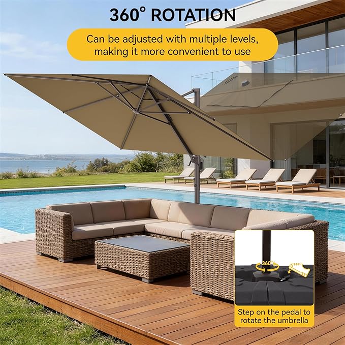 9x12 FT Cantilever Patio Umbrella, Large Rectangular Offset Outdoor Umbrella with 360° Rotation, Heavy Duty Shade Umbrella for Garden Backyard Deck Poolside Courtyard, Brown