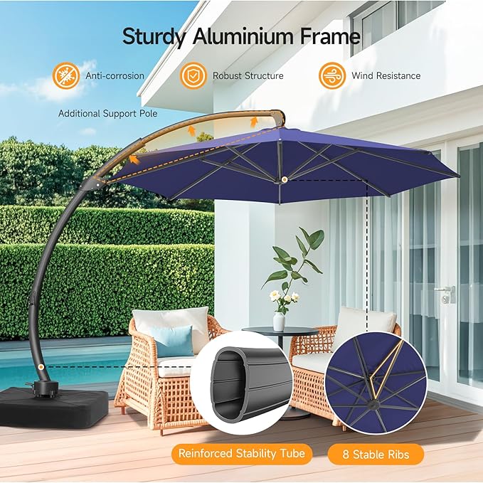 11 FT Outdoor Patio Umbrella with Base, Aluminium Curved Cantilever Umbrella, Large Round Hanging Offset Umbrella with Unlimited Position Adjustment and 360°Rotation for Market Garden Pool, Blue