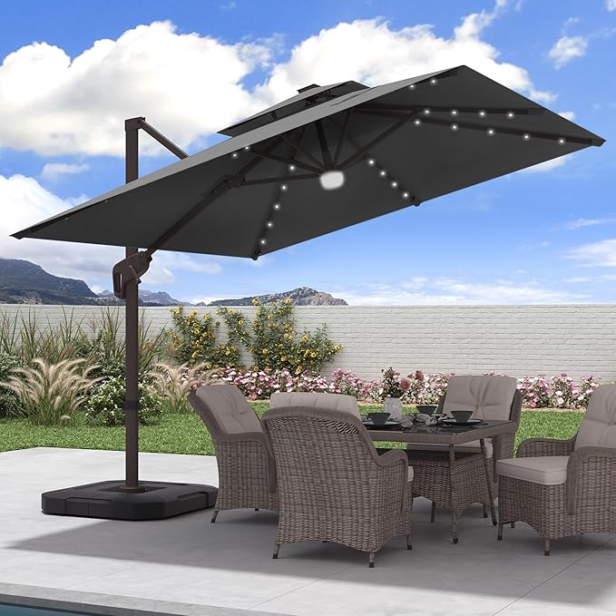 JZAC & QZYD 9x9 FT Outdoor Cantilever Patio Umbrella with Base Included and Solar LED Lights, Large Heavy Duty 2-Tier Square Aluminum Offset Umbrellas with 360-Degree Rotation for Pool Deck, Grey