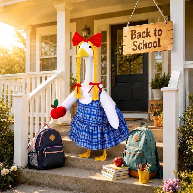 Celltestria Back to School Goose Outfits Porch Goose Costume with Apple Blue Grid Goose Clothes for 23" Geese School Outdoor Patio Yard Lawn Garden Art Decoration