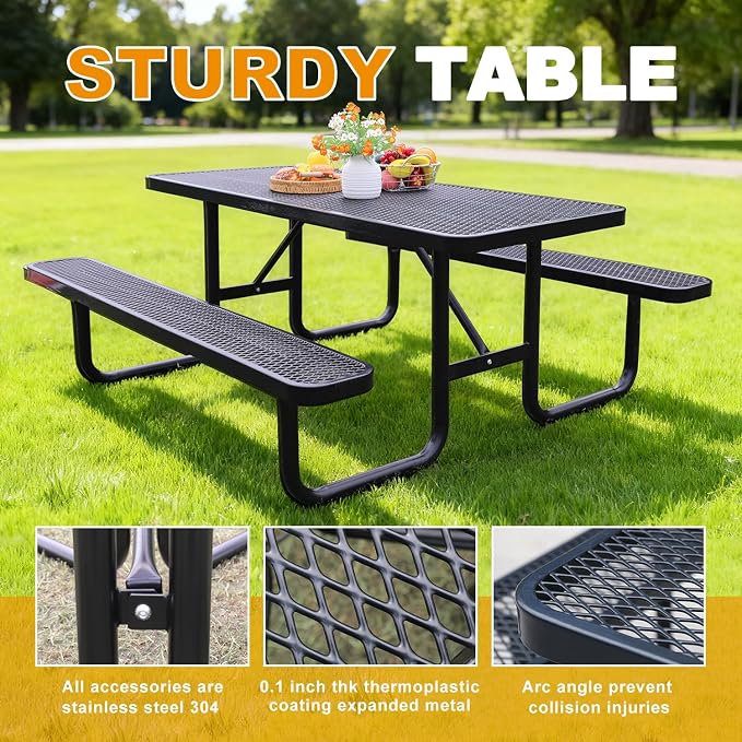 6ft Rectangular Picnic Table – Heavy-Duty Metal Mesh Outdoor Dining Table, Thermoplastic Coated Steel, Outdoor Living, Parks & Schools (Black, 6ft)