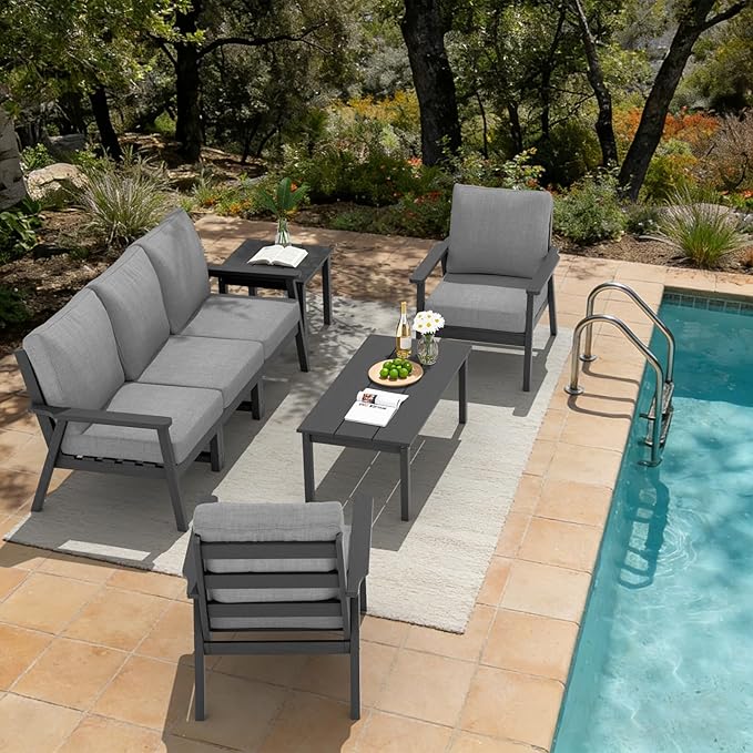LOUNZY HDPE Outdoor Furinture Set, 7 Piece Sectional Sofa Patio Furniture Set, All Weather Outdoor Couch Set Patio Furniture Set for Deck, Lawn, Grey