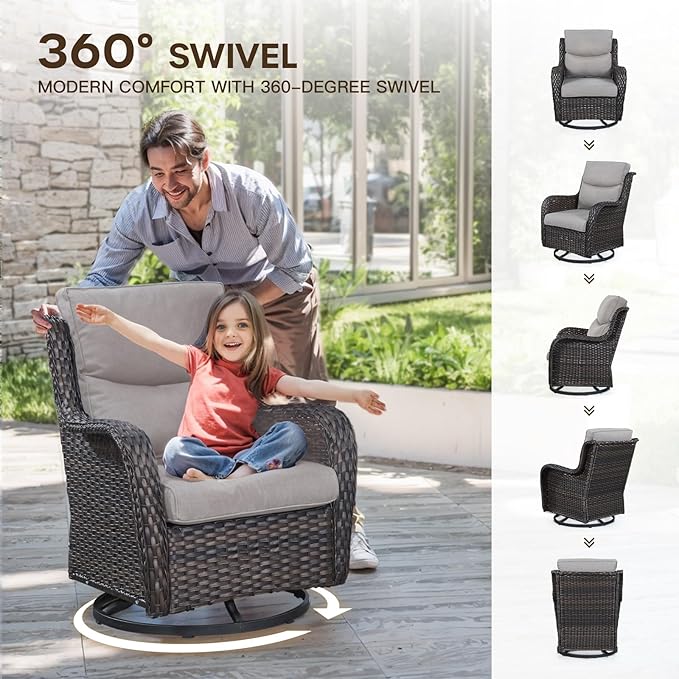 Patio Luxury Conversation Set 6PCS Resin Wicker Swivel Chairs Set, 4 Swivel Patio Chairs with Rattan Side Table and 30in Square Wicker Fire Table Set Brown Wicker|Beige Cushions