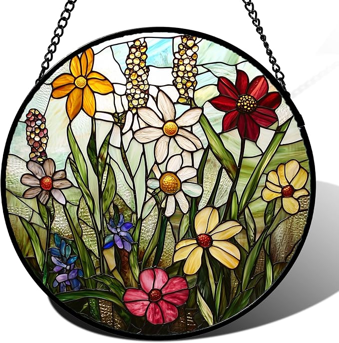 DASTOLL Stained Glass Window Hanging, Colorful Wildflowers Plant Scenery Suncatcher for Doors Window Home White Green Sun Catchers Decor Mother's Day Birthday Gifts for Women, Men Mom 9.8 in
