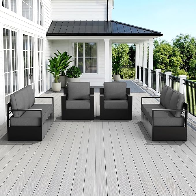 Outdoor Patio Furniture Set, 4-Piece Aluminum Patio Conversation Set All-Weather Metal Outdoor Sectional with 6 Inch Thick Cushions, Deep Setting for Garden, Outside and Porch, Grey