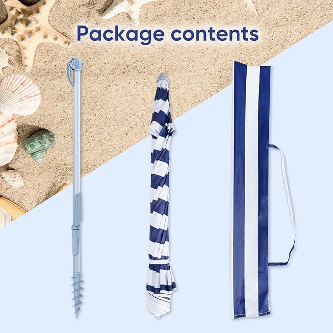Tempera Heavy Duty High Wind Beach Umbrella with Sand Anchor & Carry Bag | Patio Outdoor Umbrella with Aluminum Frame and Push Button Tilt, Ideal for Travel Garden Lawn, UPF 60+