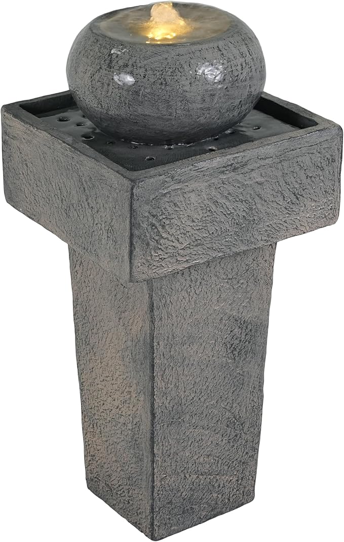 25.59″H Concrete Column Fountain with LED Lights Modern Outdoor Water Feature for Patio Garden Landscape Decor Minimalist Design