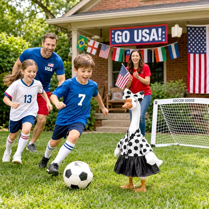 Soccer Porch Goose Outfit Black and White Soccer Goose Clothes Ball Dress Skirt with Bow Headband Whistle Sport Geese Costume for 17-23 Inch Cement Geese Statue Outdoor Garden Lawn Yard Decor
