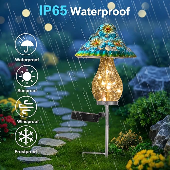 LOVERUIS Fairy Garden Accessories Mushroom Garden Decor for Outside with Cracked Ball Waterproof Metal Stake Outdoor Yard Patio Decor, Gifts for Women, Mom, Grandma