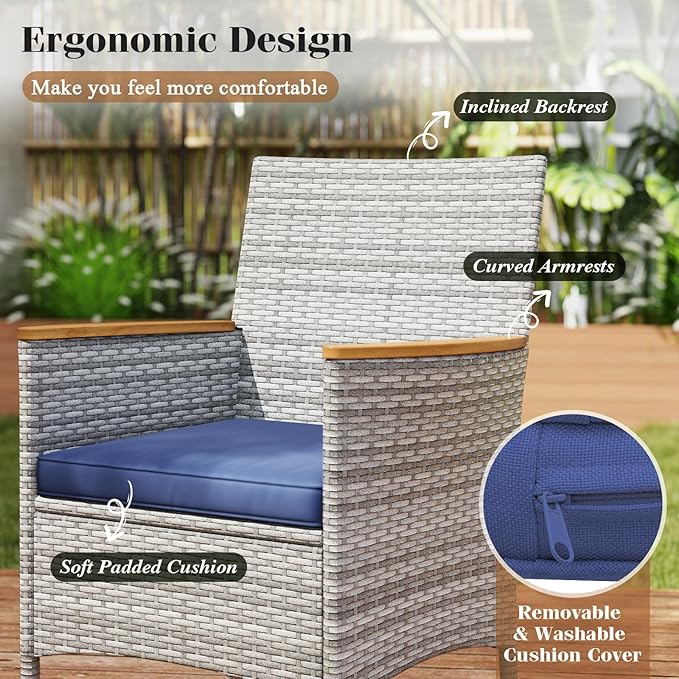 COSTWAY 9-Piece Patio Dining Set for 8, Outdoor Rattan Wicker Table and Chairs Furniture Set with Umbrella Hole, Acacia Wood Tabletop for Backyard, Balcony, Poolside, Grey & Navy