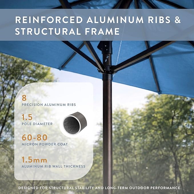 California Umbrella 8-Year Protection 9 Ft Outdoor Patio Umbrella, Solstice Fade-Resistant Fabric, Auto-Tilt, Heavy Duty Aluminum Frame, 8 Reinforced Ribs for Pool or Deck, Bronze Pole, Frost Blue