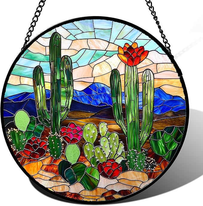 DASTOLL Stained Glass Window Hanging, Green Cactus Suncatcher for Doors Window Home Plant Landscape Sun Catchers Decoration Mother's Day Birthday Gifts for Women, Men, and Mom 6.3 in