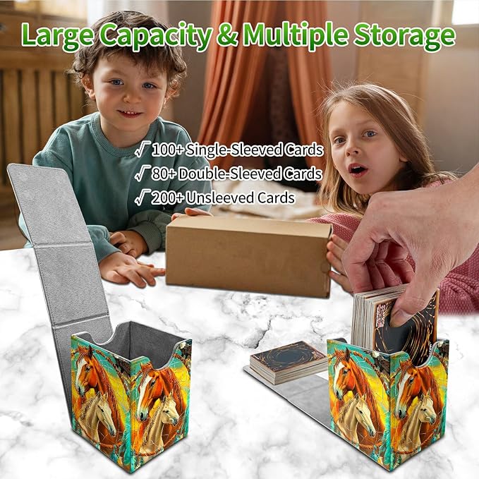 Deck Box for MTG, Cards Storage Box Fits 120+ Sleeved, Leather Medium Size Strong Magnetic Closing Card Case for Board Games Magic TCG CCG Baseball Collection, Two Horses Paving Dream Net