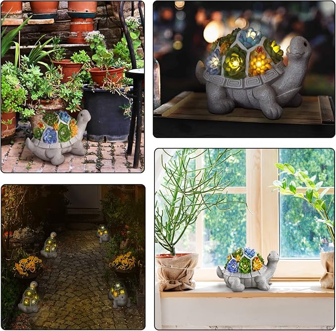 LESES Solar Garden Statues Turtle Figurine Decor with 7 LED Lights Outdoor Decoration Christmas Gifts for Women Mom Grandma Unique Tortoise Statue for Patio Backyard Yard Lawn Ornament
