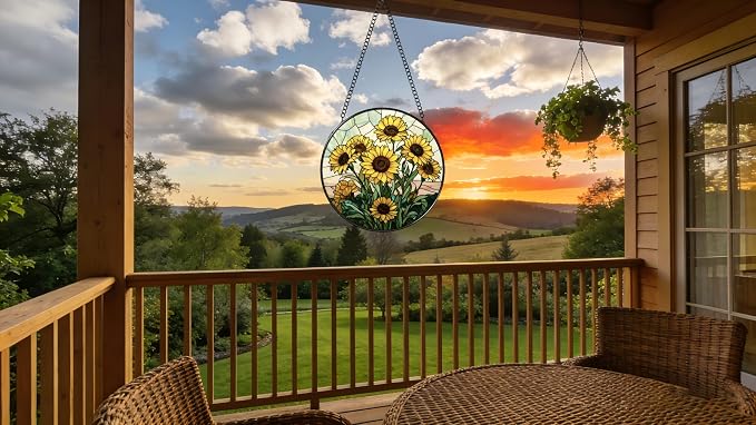 Stained Glass Window Hanging - Sunflowers Pattern 6.3 Inches Suncatcher for Garden Home Decor for Women Mon Grandma Friends