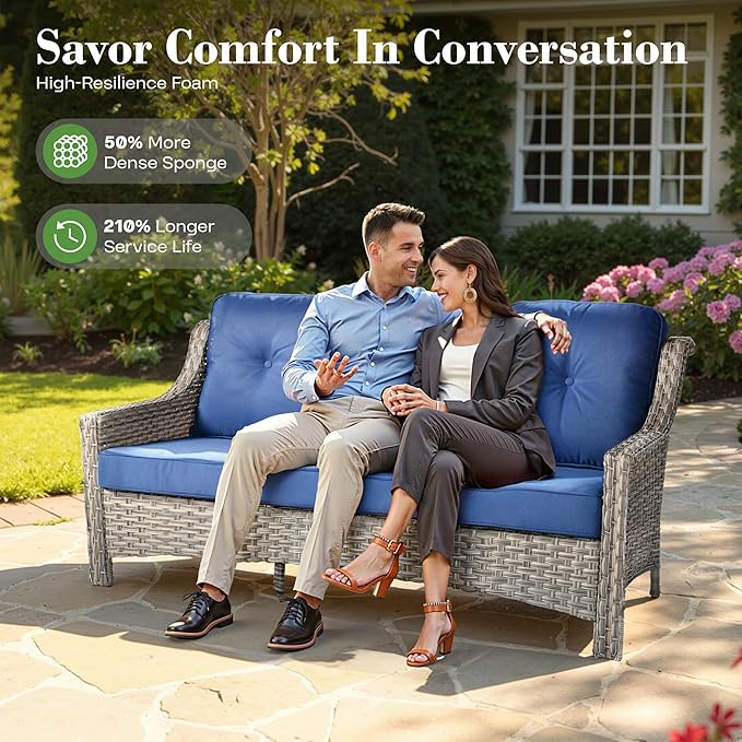 ovios 6 Piece Outdoor Patio Furniture with 3 Seat Sofa,Rattan Wicker Coversation Set with High Back,Sectional Single Sofa with Ottoman for Outside Porch Balcony Backyard Pool, Navy Blue