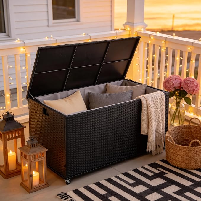 Outdoor 170 Gallon Water-Resistant Wicker Storage Box with Wheels, PE Rattan Deck Box with Waterproof Liner for Outside, Patio Storage Container with Hinged Lid, Horizontal Bin, Black