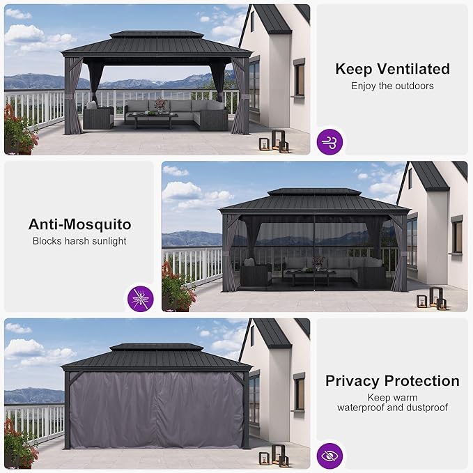 PURPLE LEAF 10' X 16' Hardtop Gazebo Aluminum Frame Gazebo with Galvanized Steel Double Roof for Patio Lawn and Garden Curtains and Netting Included Grey
