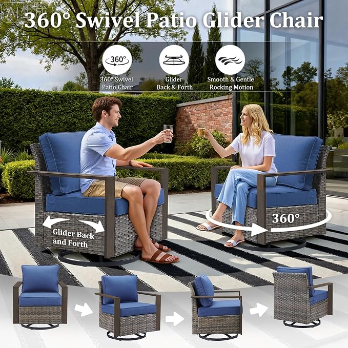 7-Piece Outdoor Patio Furniture Set with Swivel Chairs & Rattan Chairs, All-Weather Wicker Sofa Set for Garden, Yard, Porch and Poolside Seating, Grey/Blue