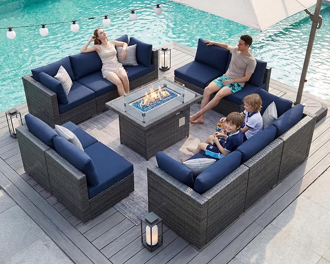 BULEXYARD 11 Piece High Back Outdoor Patio Set with Firepit, Extra Large Backyard Furniture Sectional Couch 10-Seater Modular, XL Big Wide Deep Outside Seating Area for Exterior, Grey & Navy Blue
