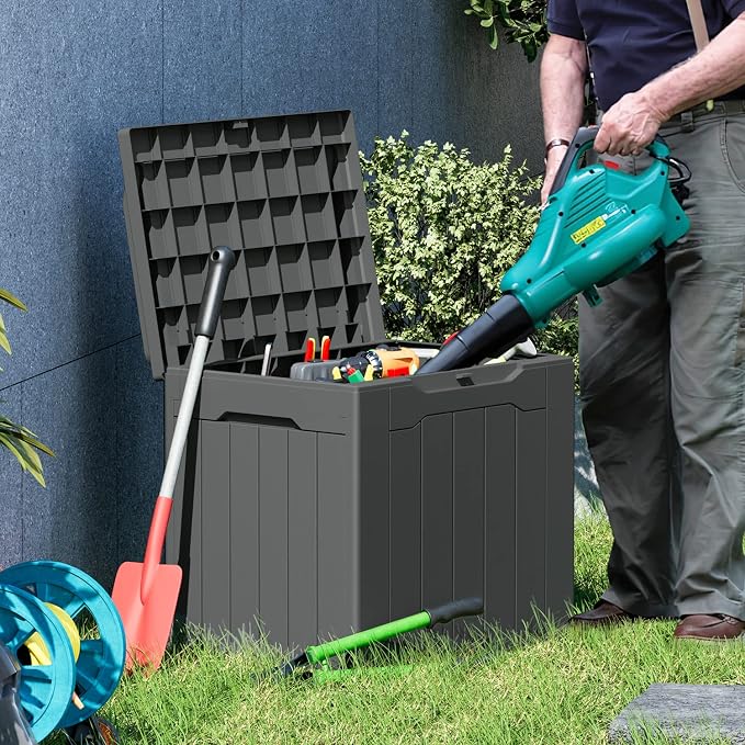 Greesum 31 Gallon Dark Grey Resin Deck Box for Patio Furniture Storage and Master Lock 1 Black Combination Padlock