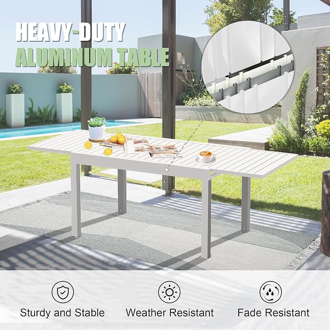 Domi Aluminum Patio Extendable Dining Table 35"- 71", Adjustable Indoor Outdoor Patio Dining Table with E-Coating for 4-6 Person Garden Lawn Porch Bistro Furniture, Elegant Ivory White