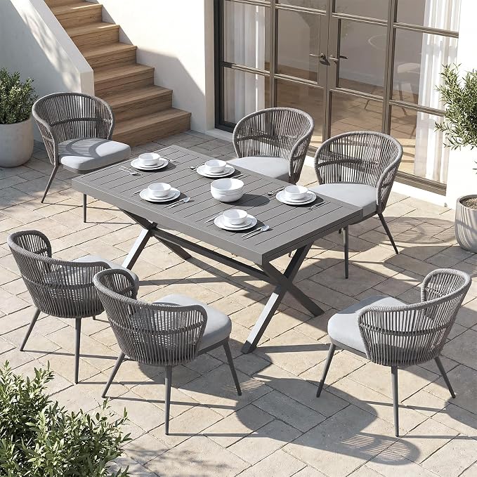SUNSITT 7 Piece Outdoor Patio Dining Set, 65" - 107" Metal Expandable Outdoor Dining Table with X-Shape Legs, 6 Woven Wicker Outdoor Patio Chairs w/Removable Cushions for Garden, Dark Grey