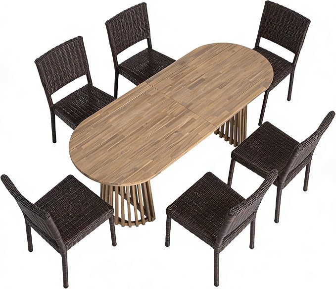 Christopher Knight Home Farley Acacia Wood Outdoor Dining Set for 6, 7 Piece Patio Dining Table and Chair Set, Faux Rattan Outdoor Dining Chair and Table Set, Teak+Light Brown