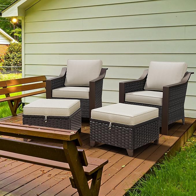 Patio Metal Chairs with Ottomans Set of 2, Conversation Furniture Set - 2 Armchairs | 2 Wicker Ottomans, Removable Cushions, PE Rattan, Front Porch (Beige and Brown Stripe)